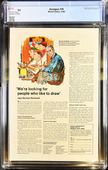 Avengers #70 (1969) CGC 9.6 NM+ WHITE Key Origin of Squadron Sinister