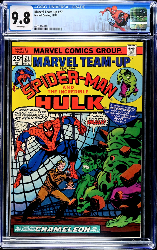 Marvel Team-Up #27 (1974) CGC 9.8 NM/MT WHITE Spider-Man vs Hulk Custom Label