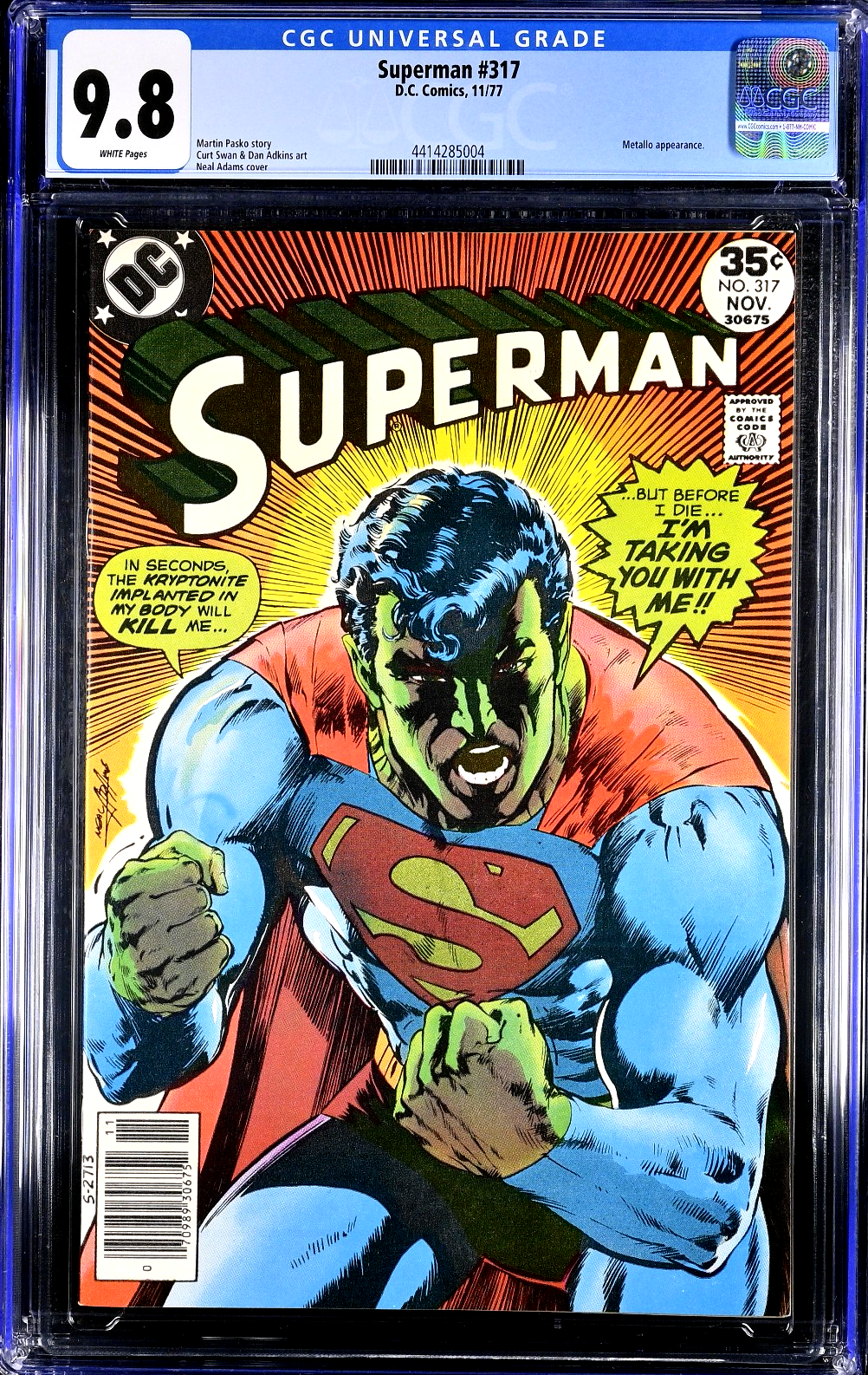 Superman #317 (1977) CGC 9.8 WHITE Neal Adams Kryptonite Cover Metallo Battle