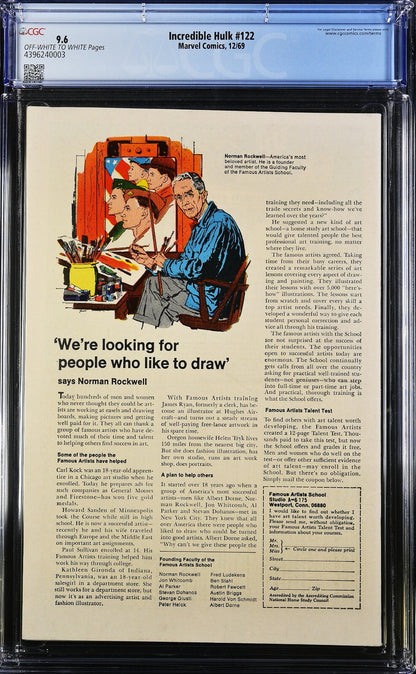Incredible Hulk #122 (1969) CGC 9.6 NM+ OW White Key Trimpe Thing Battle Cover