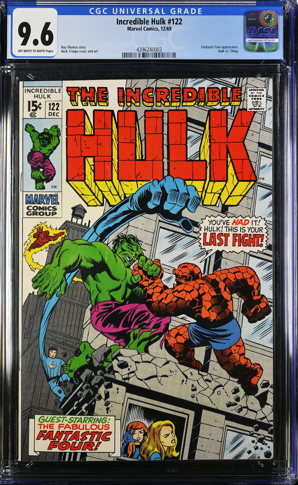 Incredible Hulk #122 (1969) CGC 9.6 NM+ OW White Key Trimpe Thing Battle Cover