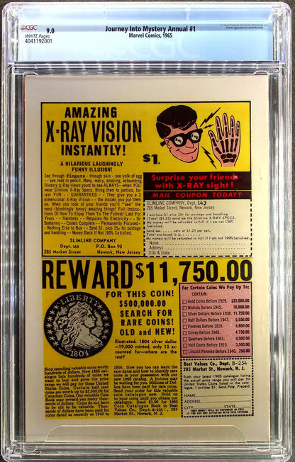 Journey Into Mystery Annual #1 (1965) CGC 9.0 VF/NM WHITE 1st Hercules vs Thor