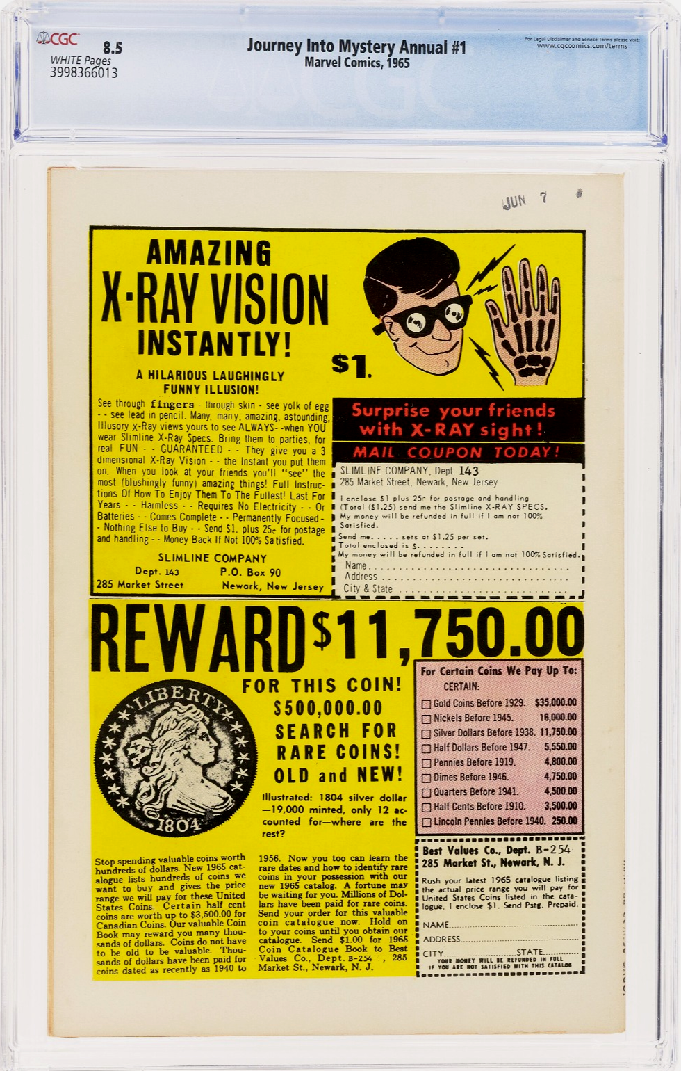 Journey Into Mystery Annual #1 (1965) CGC 8.5 VF+ WHITE KEY 1st Hercules vs Thor