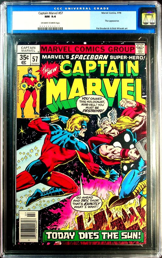 Captain Marvel #57 (1978) CGC 9.4 NM OW/WHITE pages Thor Battle Cover