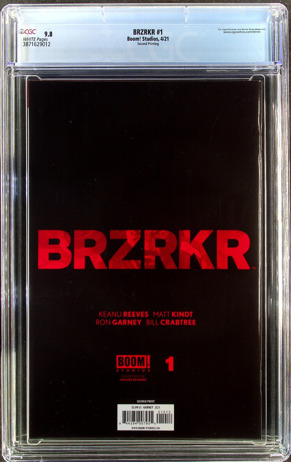BRZRKR #1 (2021) CGC 9.8 NM/MT WHITE Boom! Keanu Reeves Garney 2nd Print Foil