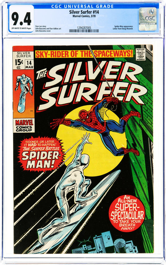 Silver Surfer #14 (1970) CGC 9.4 NM OW White 1st Spider-Man Battle Key