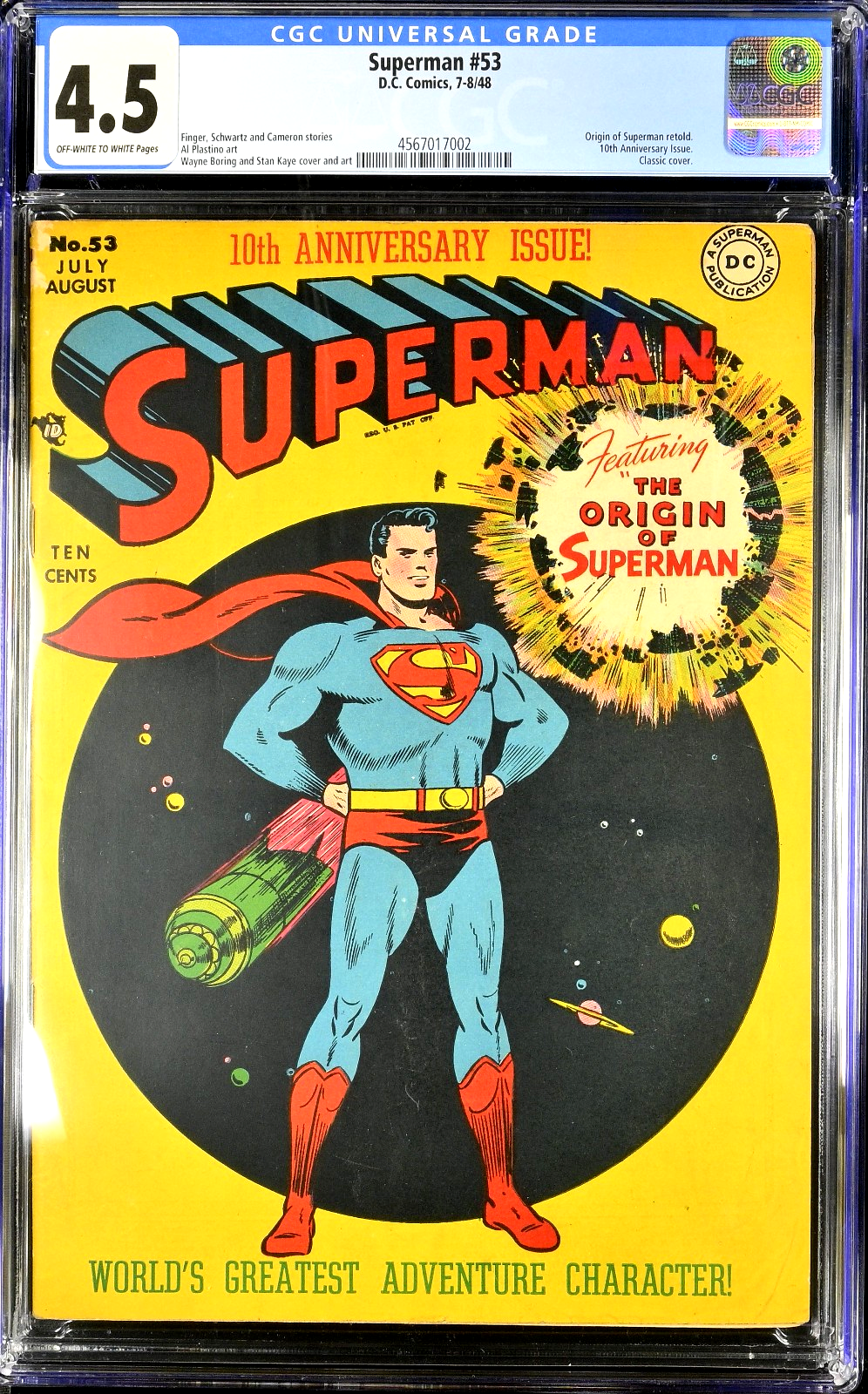 Superman #53 (1948) CGC 4.5 VG+ OW/W KEY 10th Anniversary Origin Iconic Cover