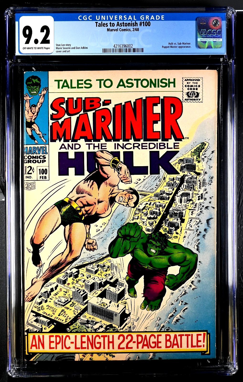 Tales To Astonish #100 (1968) CGC 9.2 NM- OW/W  Hulk vs Sub-Mariner Battle Cover