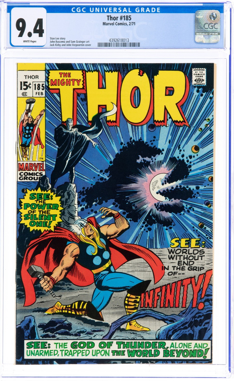 Thor #185 (1971) CGC 9.4 NM WHITE Classic Kirby Cover Infinity & Odin Battle