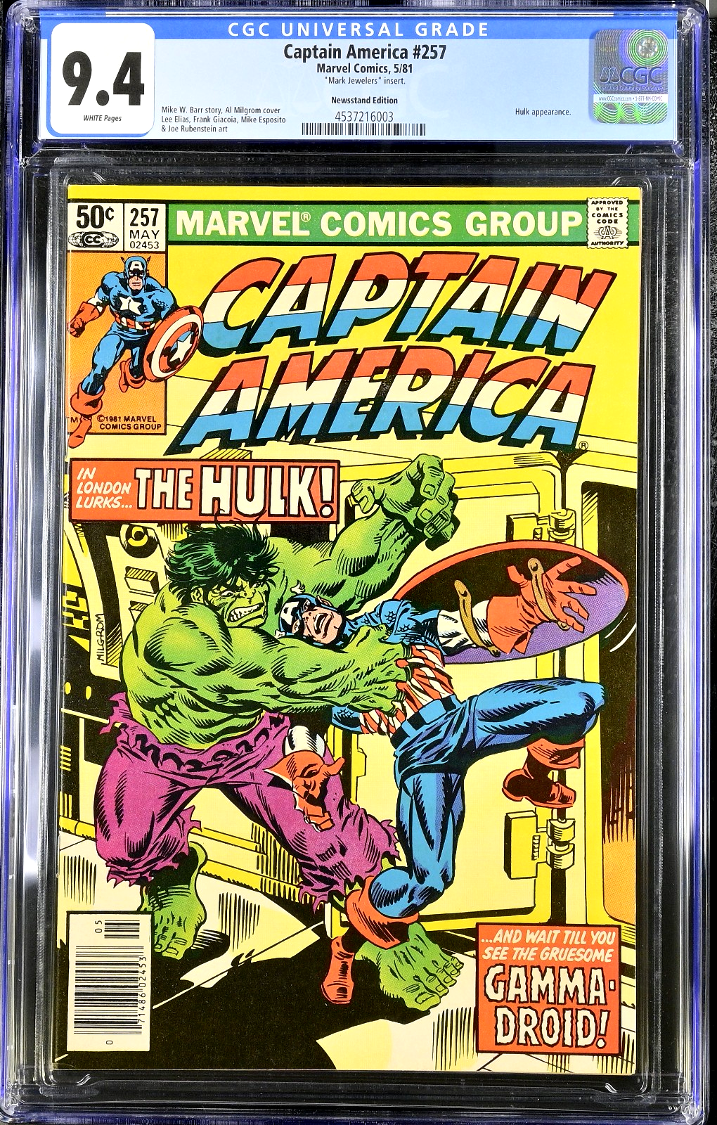 Captain America #257 (1981) CGC 9.4 NM Hulk Battle Cover Mark Jeweler's Variant