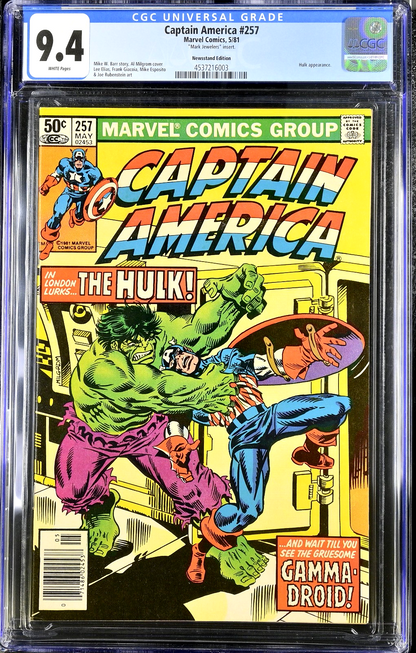 Captain America #257 (1981) CGC 9.4 NM Hulk Battle Cover Mark Jeweler's Variant
