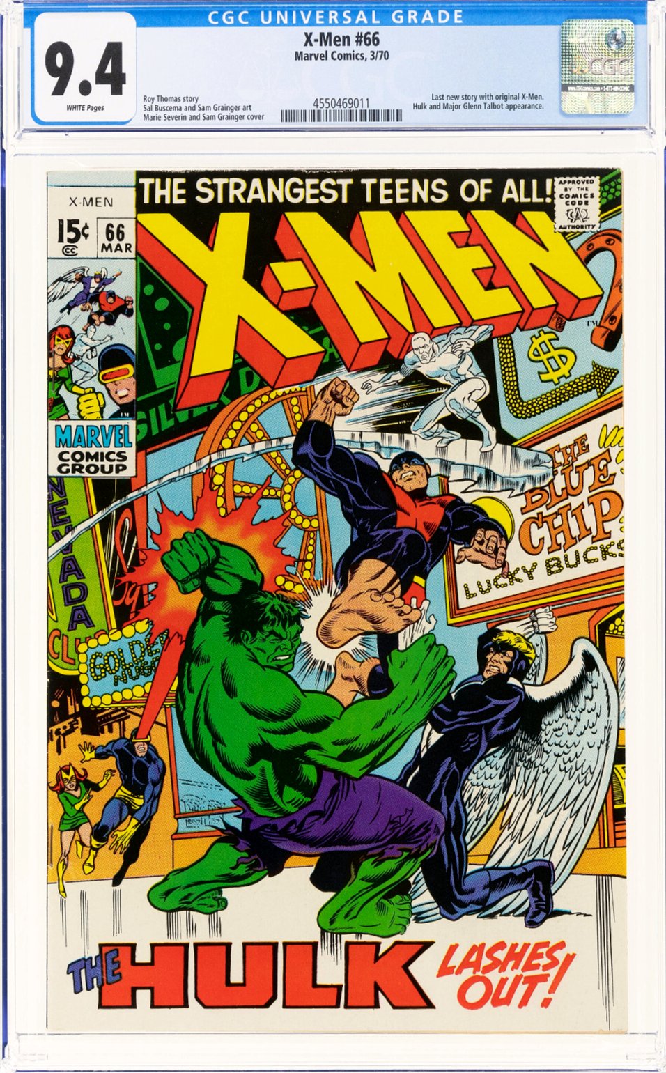 X-Men #66 (1970) CGC 9.4 NM WHITE Pages Severin Hulk Battle Cover