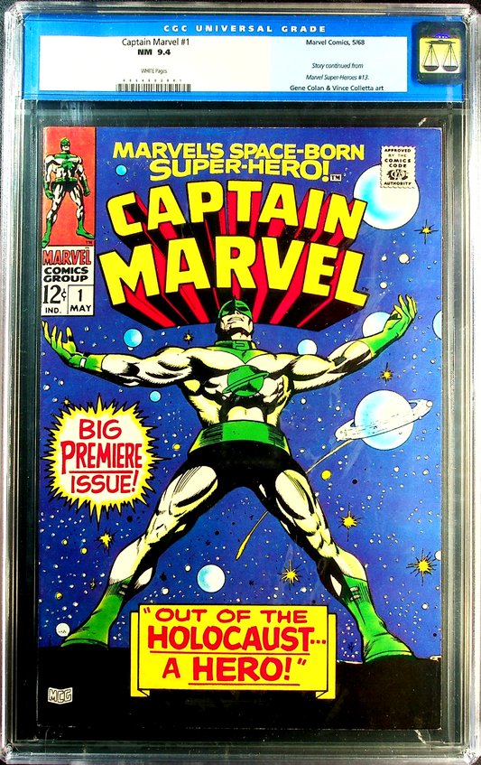 Captain Marvel #1 (1968) CGC 9.4 NM WHITE Pages KEY 1st Issue 3rd App OLD Label