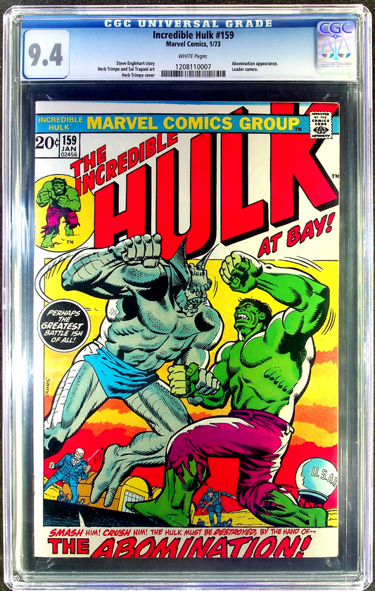 Incredible Hulk #159 (1973) CGC 9.4 NM WHITE Trimpe Abomination Battle Cover