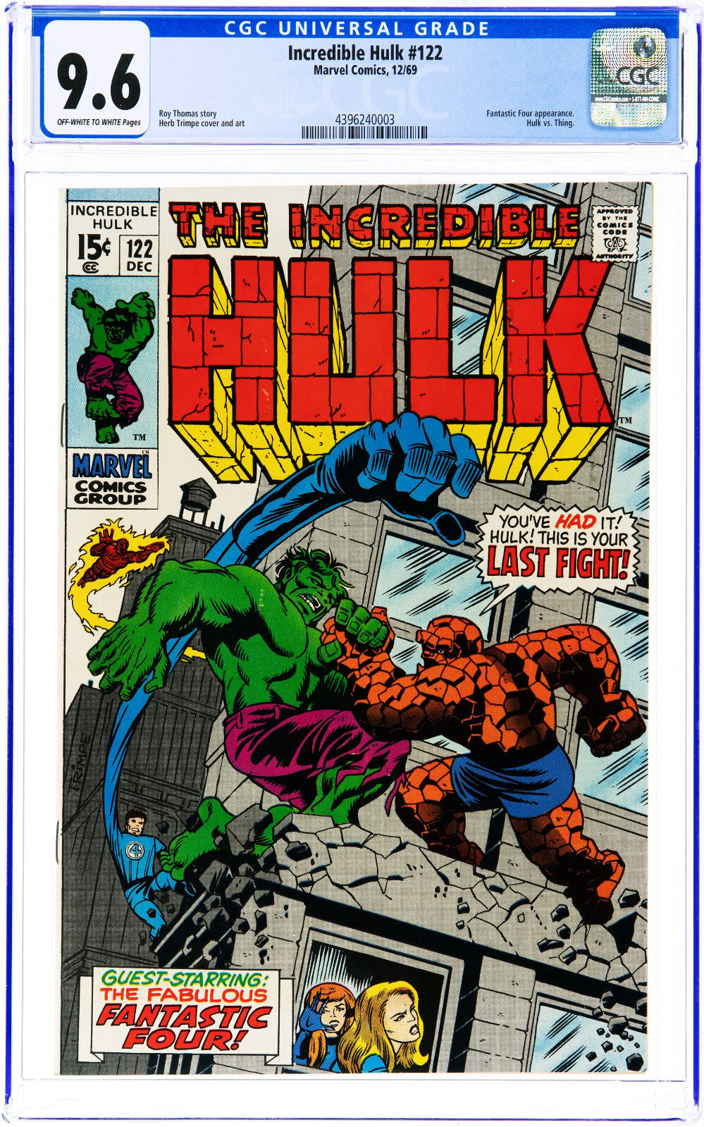 Incredible Hulk #122 (1969) CGC 9.6 NM+ OW White Key Trimpe Thing Battle Cover