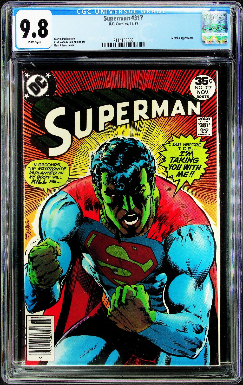 Superman #317 (1977) CGC 9.8 WHITE Neal Adams Iconic Kryptonite Cover Metallo PC