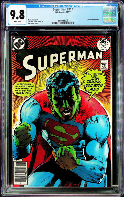 Superman #317 (1977) CGC 9.8 WHITE Neal Adams Iconic Kryptonite Cover Metallo PC