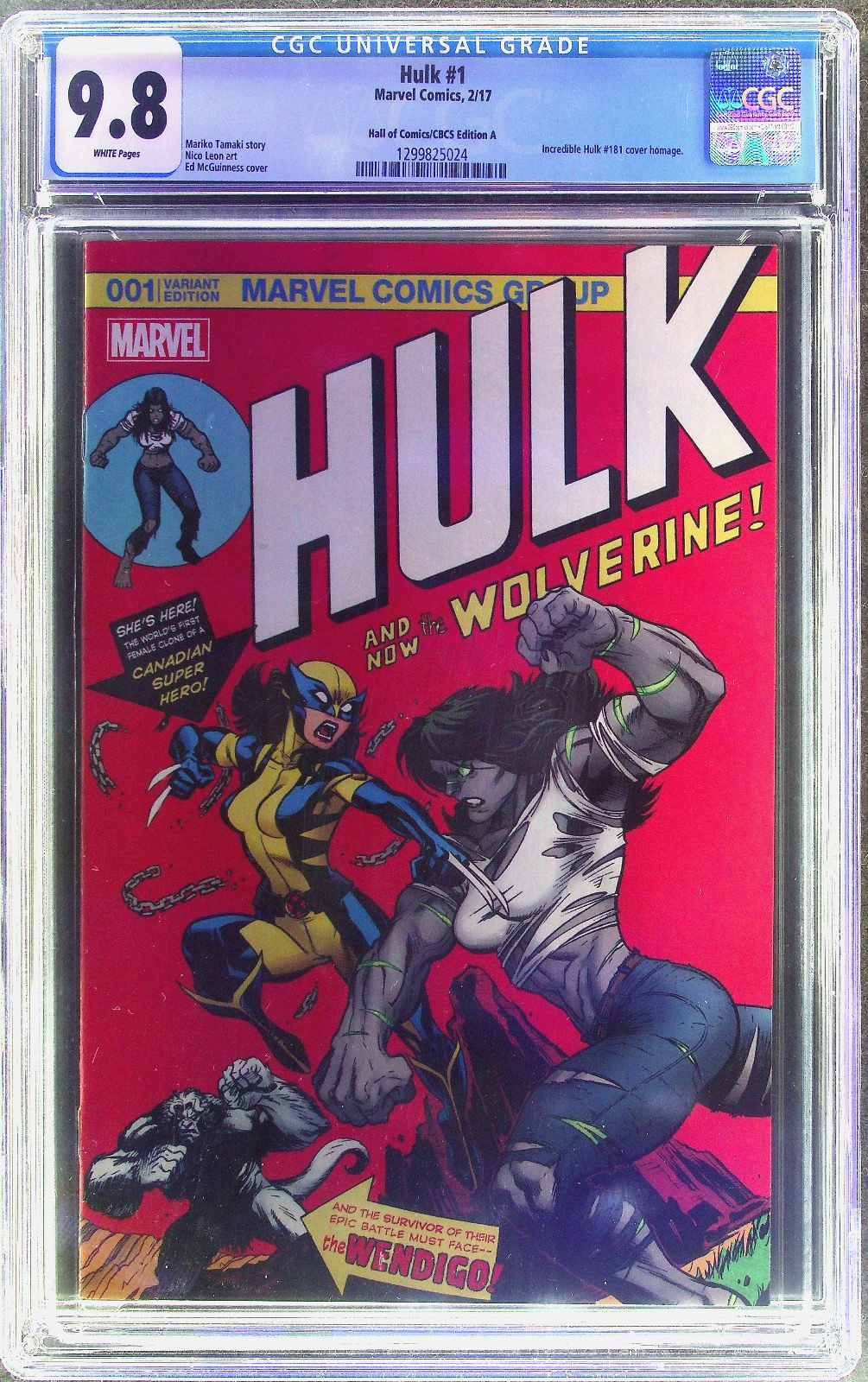 Hulk #1 (2017) CGC 9.8 NM/MT WHITE Hall of Comics/CBCS Edition A Hulk 181 Homage