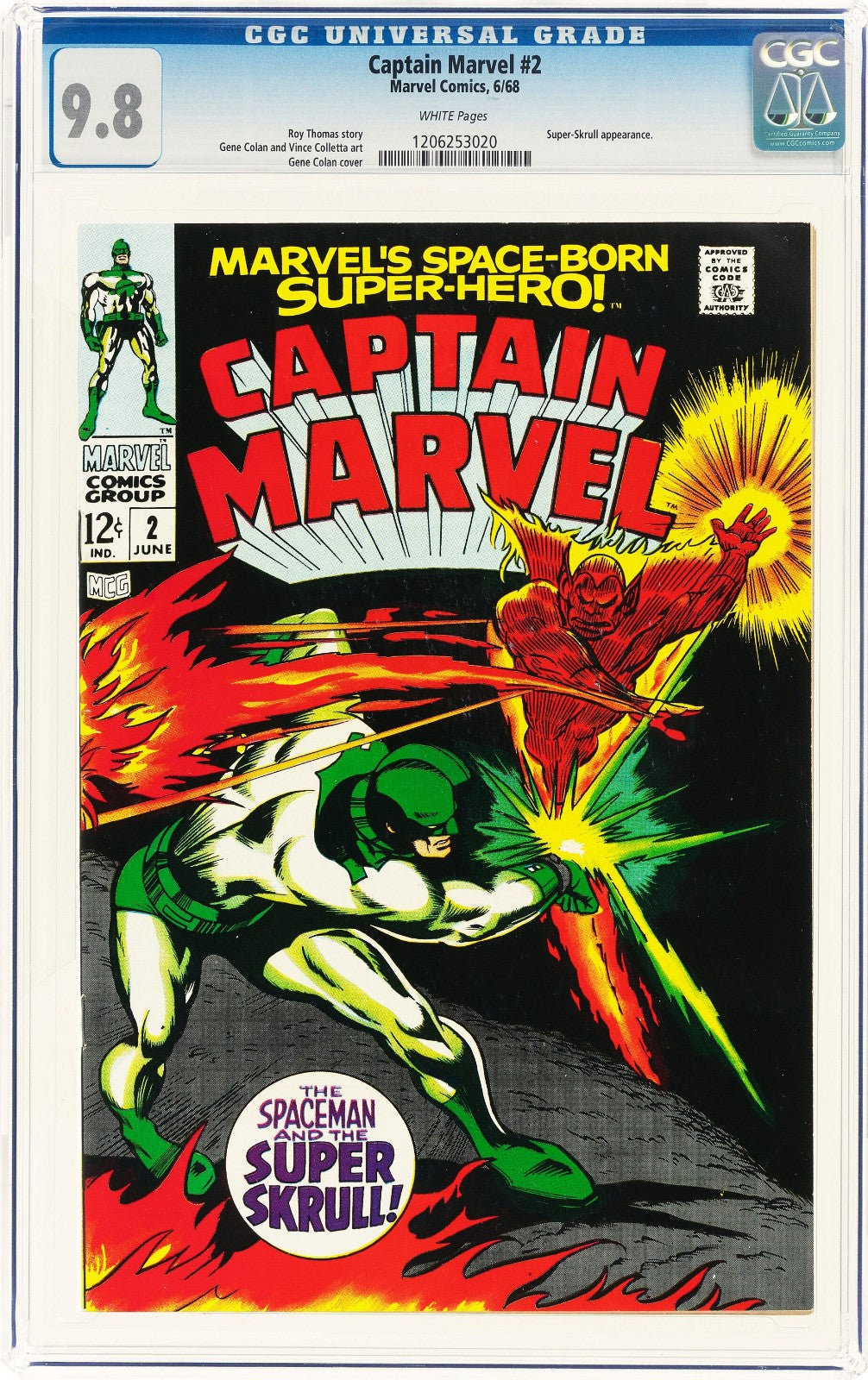 Captain Marvel #2 (1968) CGC 9.8 NM/MT WHITE Super Skrull Battle Cover Top Grade