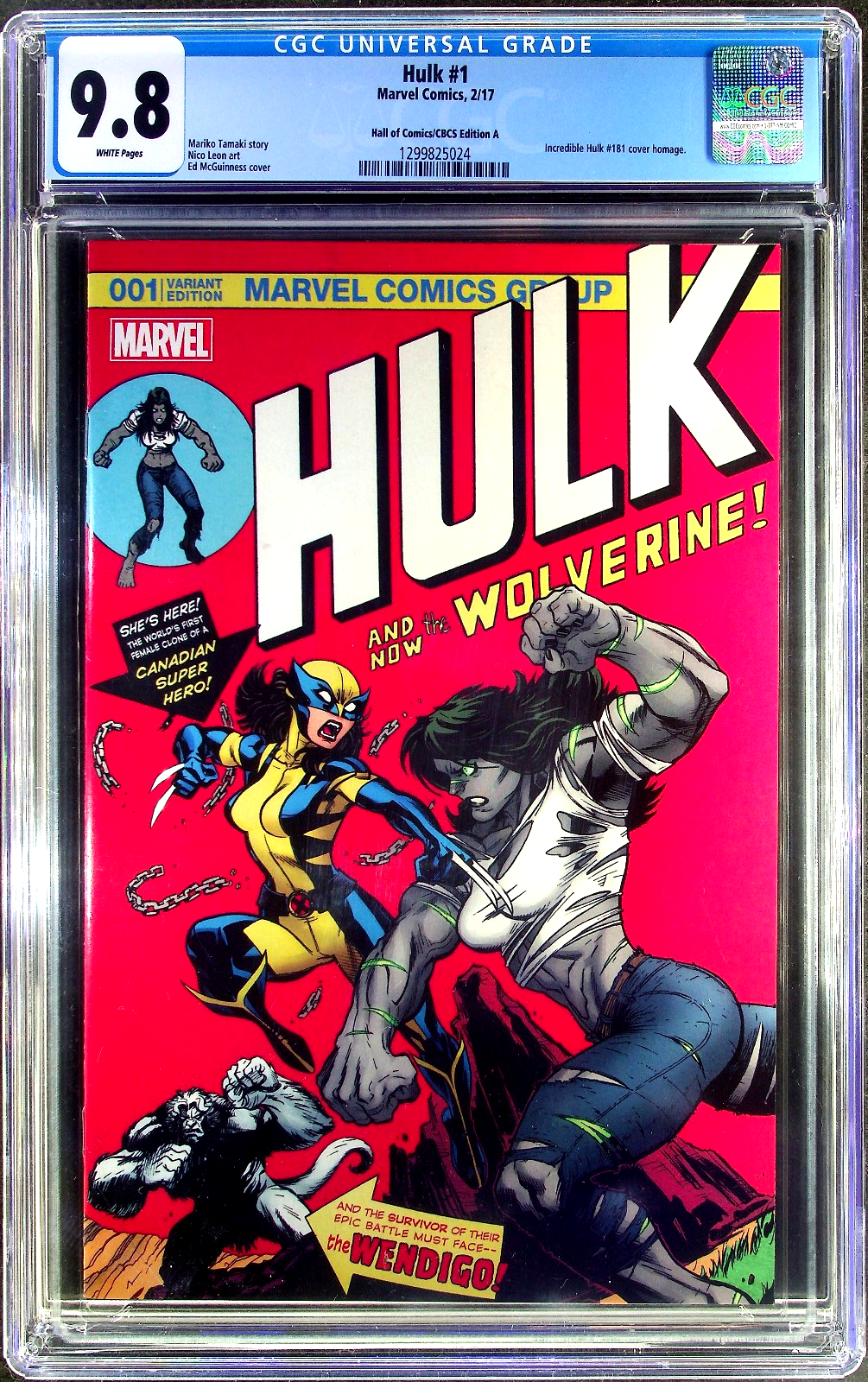 Hulk #1 (2017) CGC 9.8 NM/MT WHITE Hall of Comics/CBCS Edition A Hulk 181 Homage