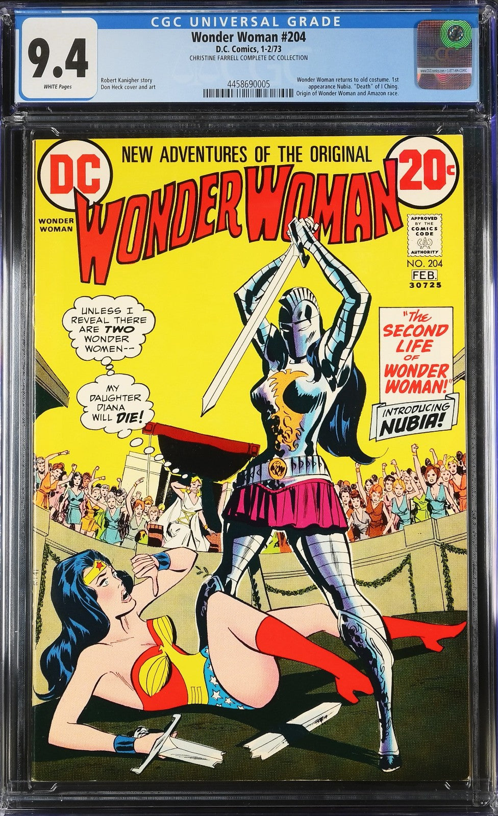 Wonder Woman #204 (1973) CGC 9.4 NM WHITE Origin Christine Farrell DC Collection