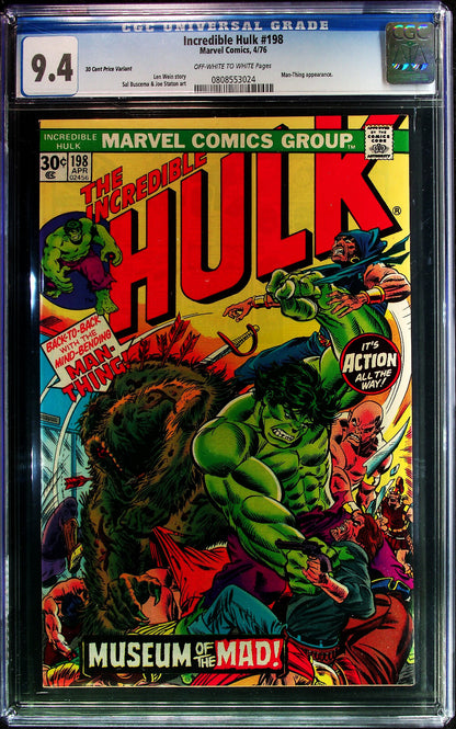 Hulk #198 (1976) CGC NM 9.4 OW WHITE RARE 30¢ Cents Price Variant Man-Thing