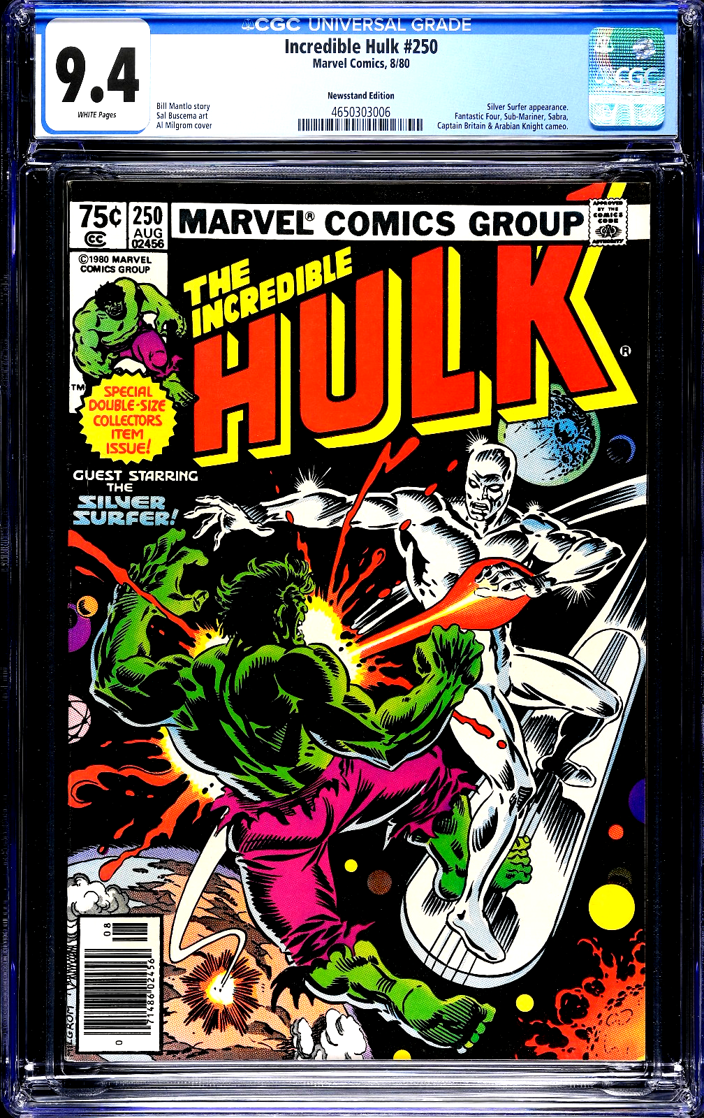 Incredible Hulk #250 (1980) CGC 9.4 NM WHITE Newsstand Silver Surfer Battle Cvr