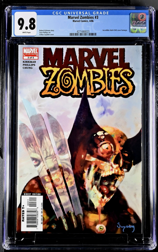 Marvel Zombies #3 (2006) CGC 9.8 NM/MT WHITE Arthur Suydam Hulk #340 Homage