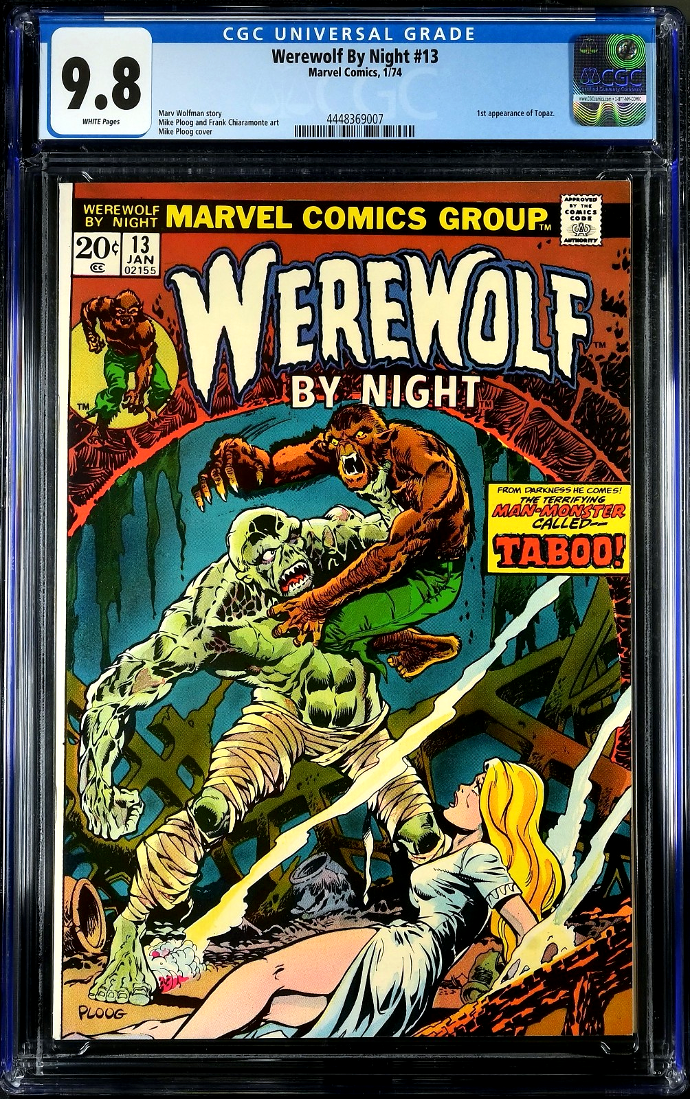 Werewolf By Night #13 (1974) CGC 9.8 NM/MT WHITE Pages Ploog Cover Art 1st Topaz