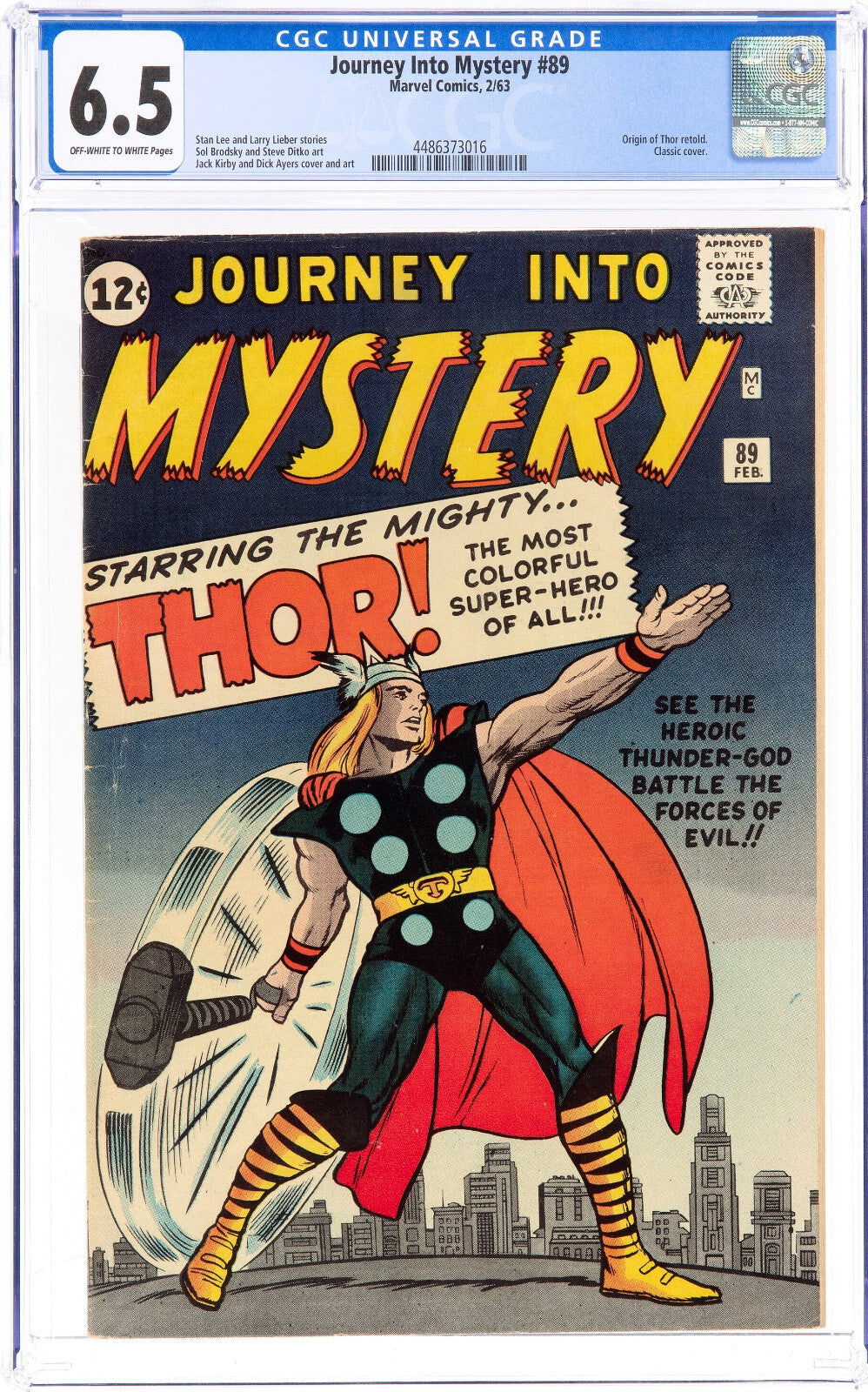 Journey Into Mystery #89 (1963) CGC 6.5 FN+ OW White KEY Origin Kirby Iconic Cvr