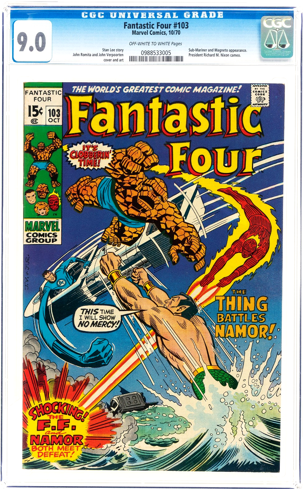 Fantastic Four #103 (1970) CGC 9.0 VF/NM OW/White Namor Sub-Mariner Battle Cover
