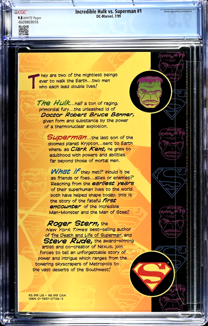 Incredible Hulk vs. Superman (1999) CGC 9.8 NM/MT White Rude Iconic Battle Cover