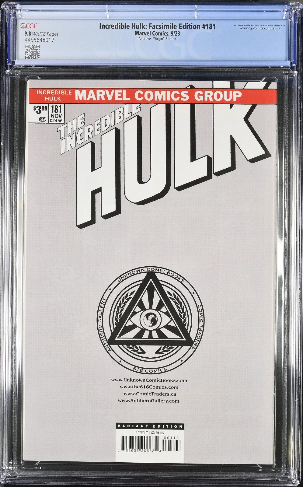 Incredible Hulk #181 (2023) CGC 9.8 NM/MT WHITE Kaare Andrews Facsimile Virgin