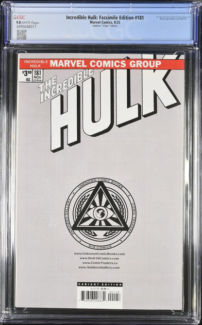 Incredible Hulk #181 (2023) CGC 9.8 NM/MT WHITE Kaare Andrews Facsimile Virgin