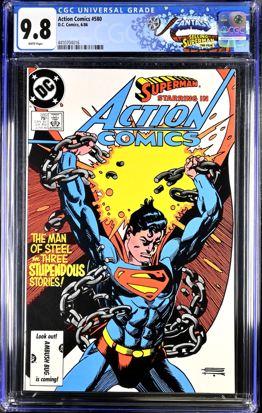Action Comics #580 (1986) CGC 9.8 NMMT WHITE Iconic Chainbreaking Fantast Label
