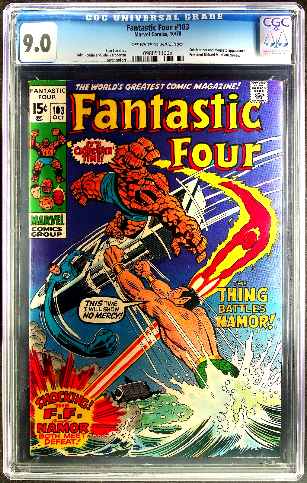 Fantastic Four #103 (1970) CGC 9.0 VF/NM OW/White Namor Sub-Mariner Battle Cover