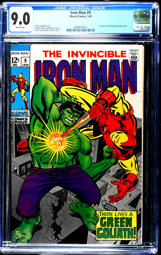 Iron Man #9 (1969) CGC 9.0 VF/NM WHITE Pages Tuska Iconic Hulk Battle Cover