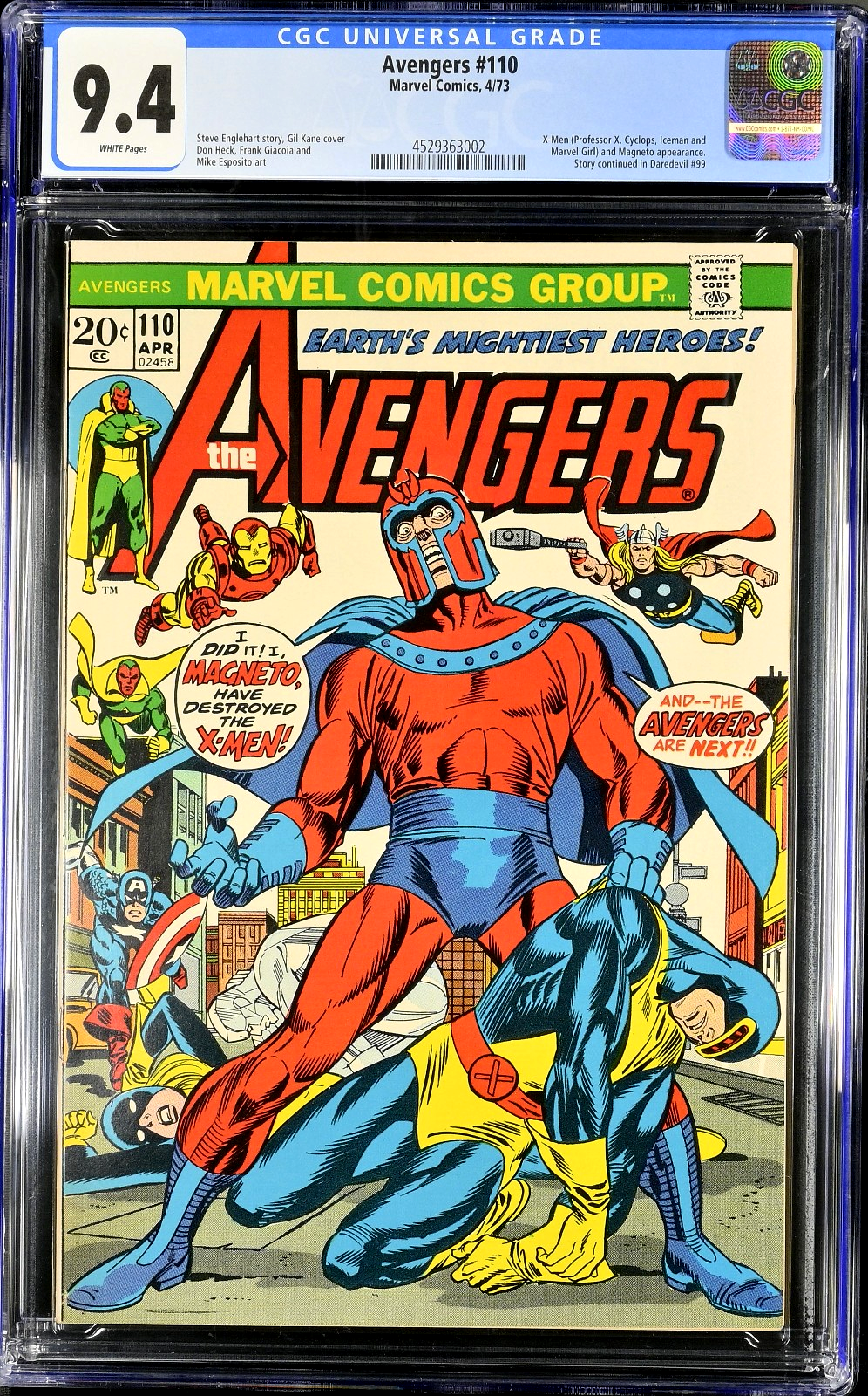 Avengers #110 (1973) CGC 9.4 NM WHITE Gil Kane Iconic Magneto X-Men Battle Cover