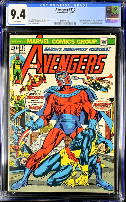 Avengers #110 (1973) CGC 9.4 NM WHITE Gil Kane Iconic Magneto X-Men Battle Cover