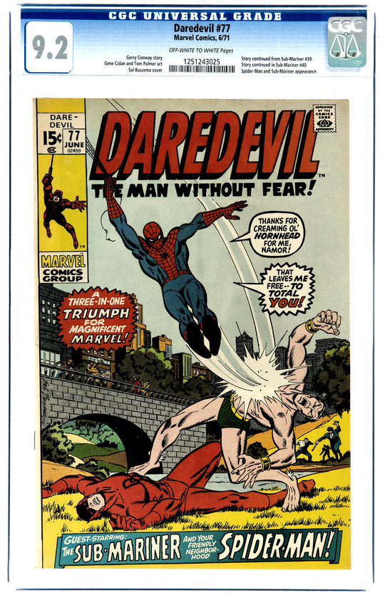 Daredevil #77 (1971) CGC 9.2 NM- OW White Spider-Man & Sub-Mariner Battle Cover