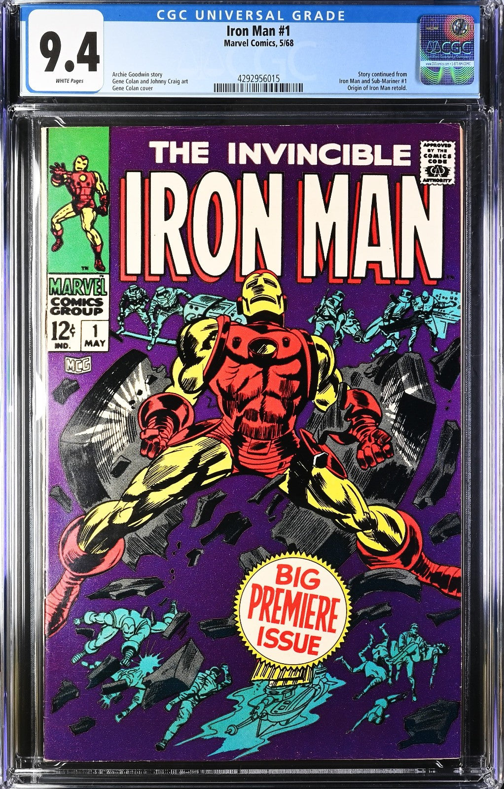 Iron Man #1 (1968) CGC 9.4 NM WHITE Pages KEY Origin Iconic Gene Colan Cover