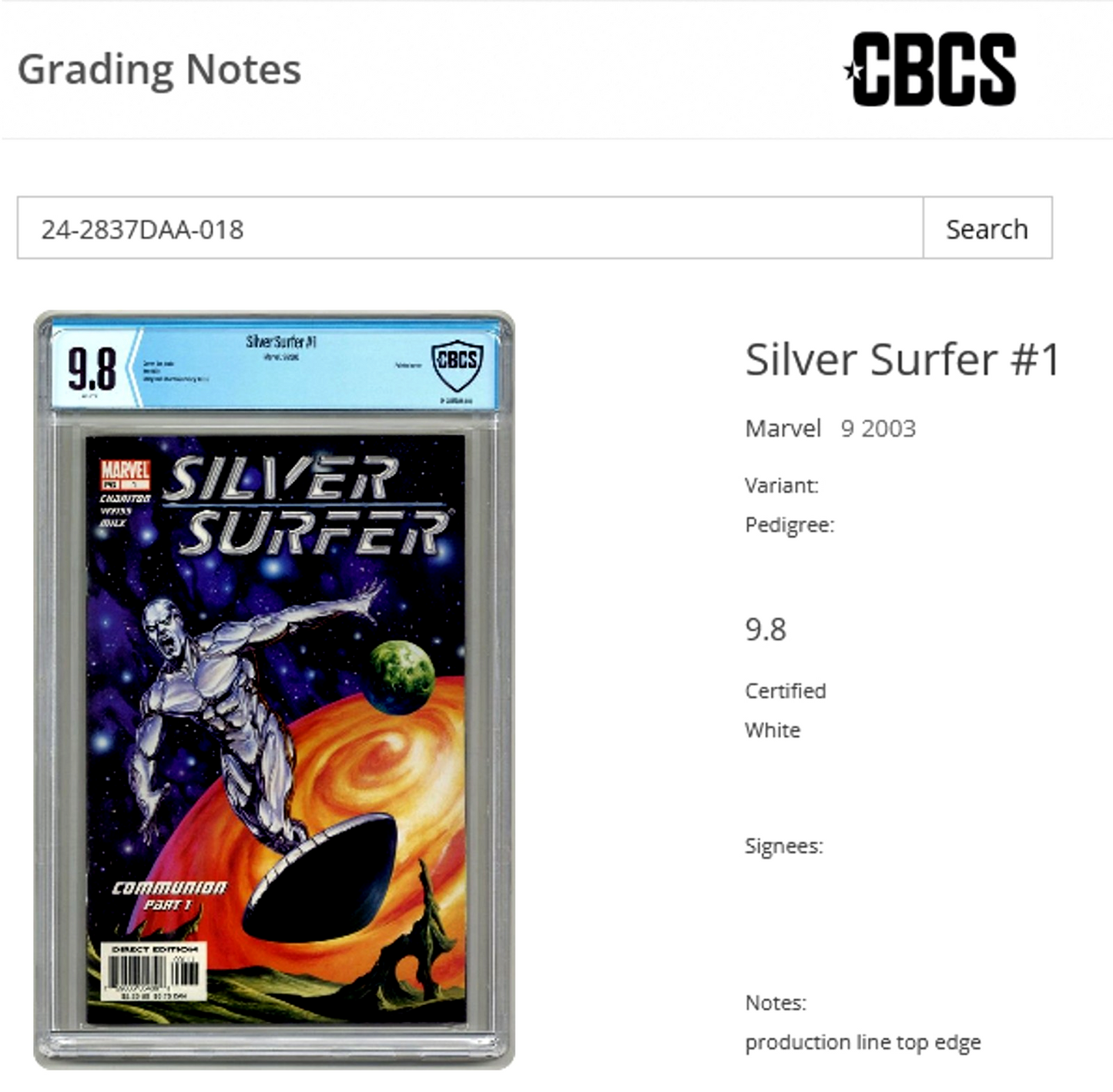 Silver Surfer #1 (2003) CBCS 9.8 NM/MT WHITE Pages Joe Jusko Cover