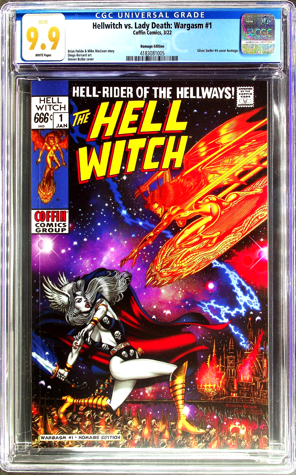 Hellwitch vs. Lady Death Wargasm #1 (2022) CGC 9.9 MINT Silver Surfer 4 Homage