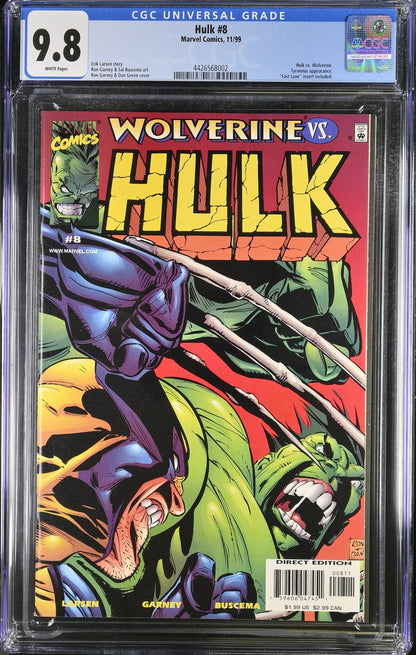 Hulk #8 (1999) CGC 9.8 NM/MT White Pages Wolverine Battle Cover
