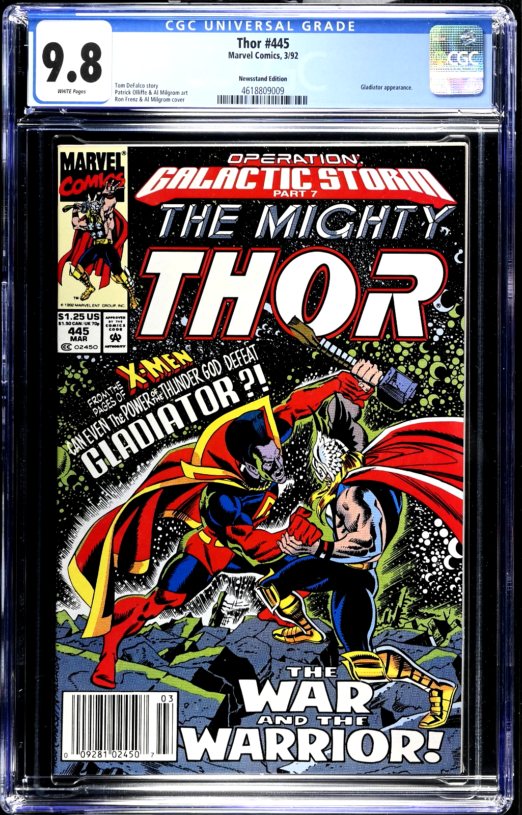 Thor #445 (1992) CGC 9.8 NM/MT WHITE Newsstand Classic Gladiator Battle Cover PC