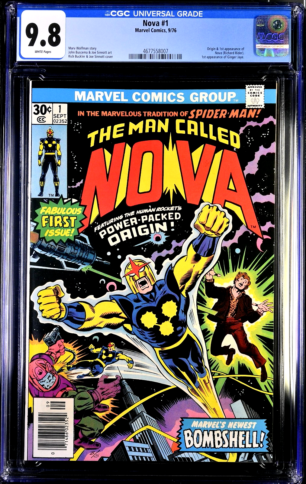 Nova #1 (1976) CGC 9.8 NM/MT White Pages KEY Origin & 1st Appearance Rich Rider