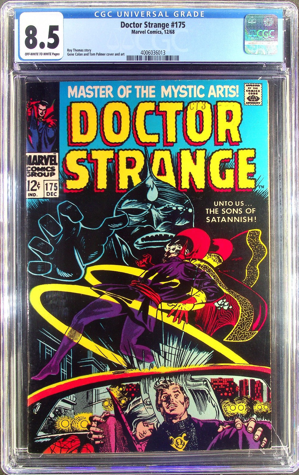 Doctor Strange #175 (1968) CGC 8.5 VF+ OW/White 1st Sons of Satannish Crack Slab