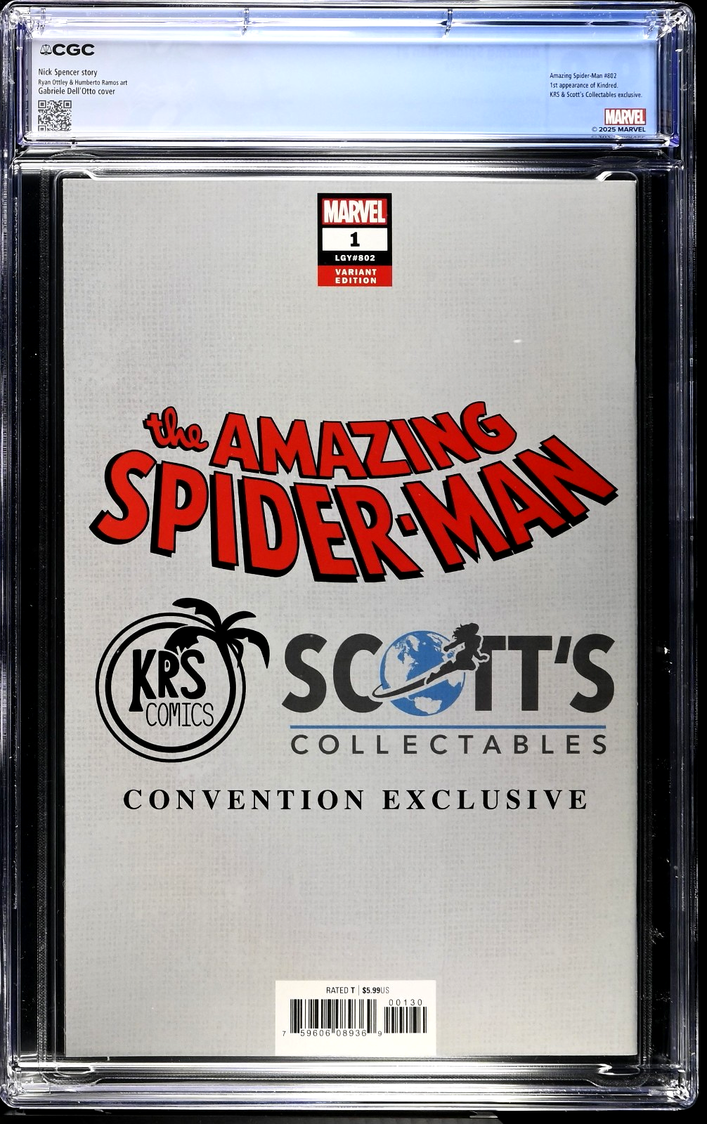 Amazing Spider-Man #1 (2018) CGC 9.8 NM/MT KRS Dell'Otto Virgin Custom Label