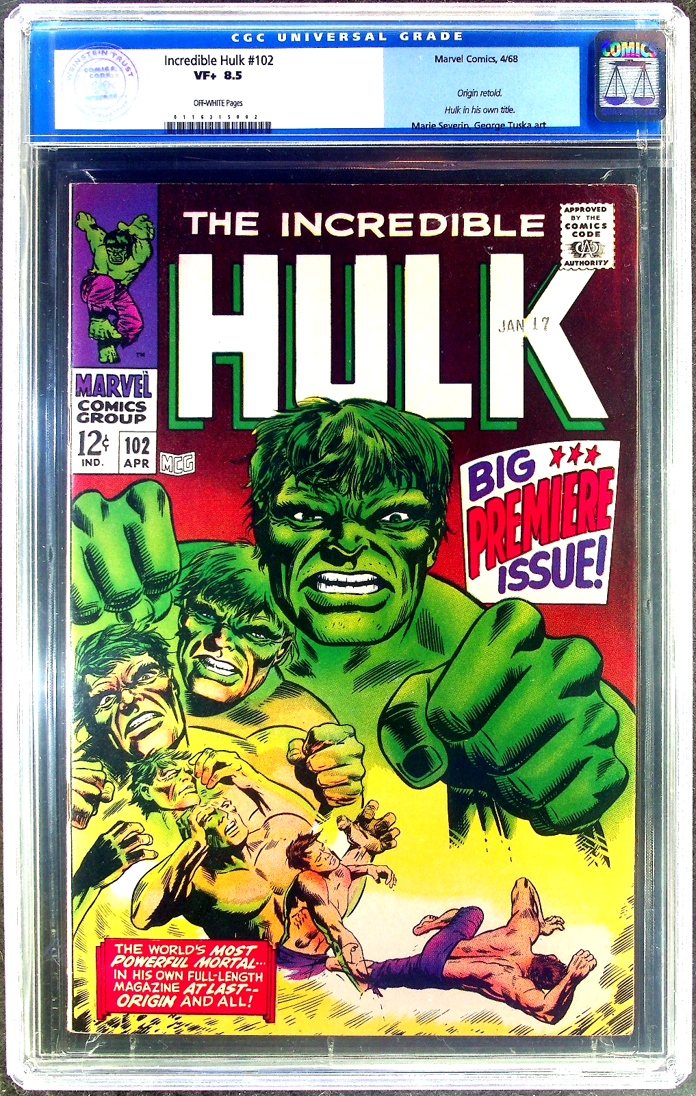 Incredible Hulk #102 (1968) CGC 8.5 VF+ O/W KEY Premiere Issue Origin OLD Label