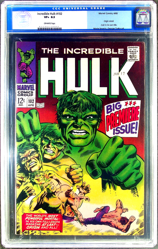 Incredible Hulk #102 (1968) CGC 8.5 VF+ O/W KEY Premiere Issue Origin OLD Label